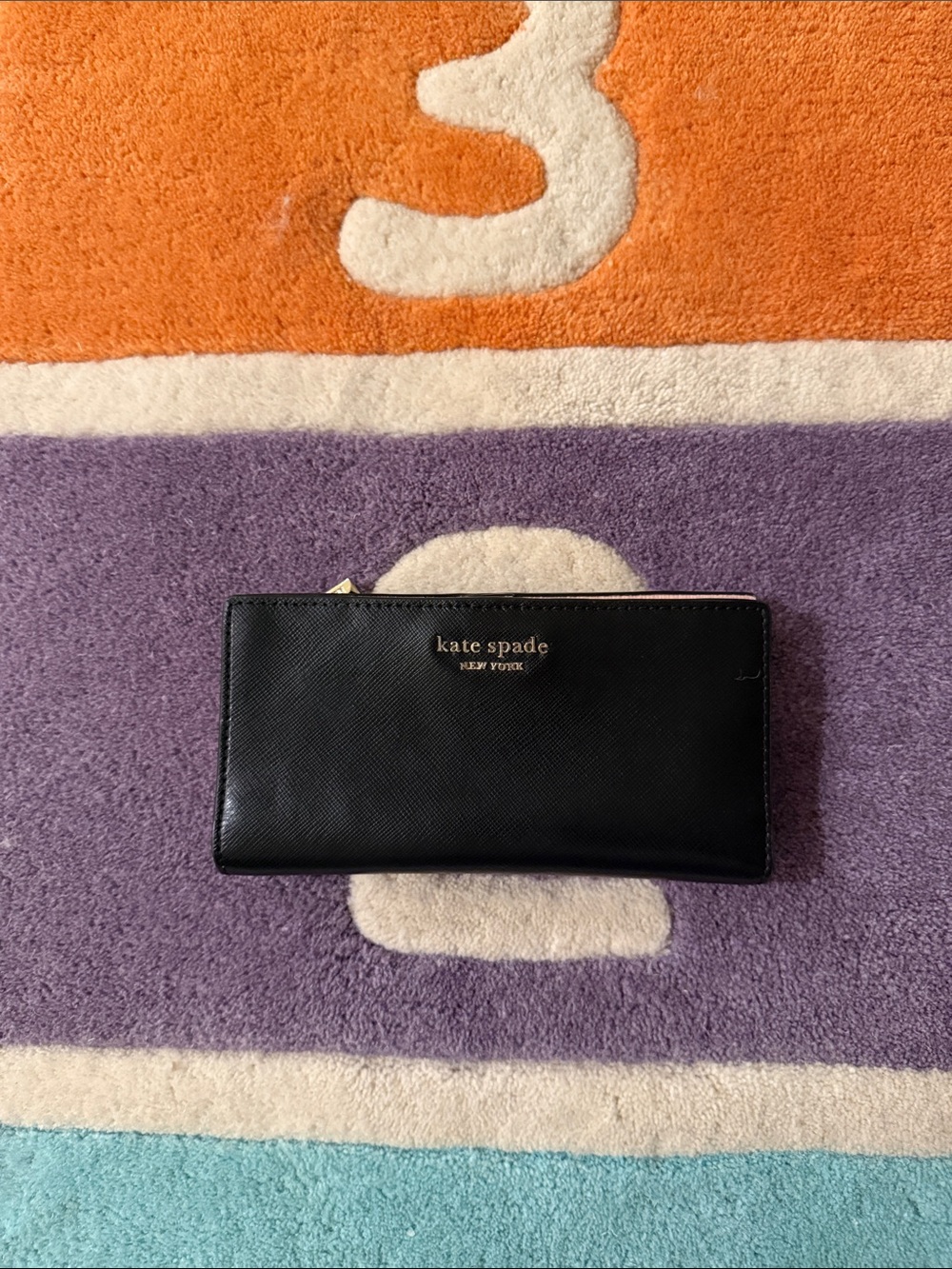 kate spade Black Saffiano Leather Long Zip Wallet with Gold Logo